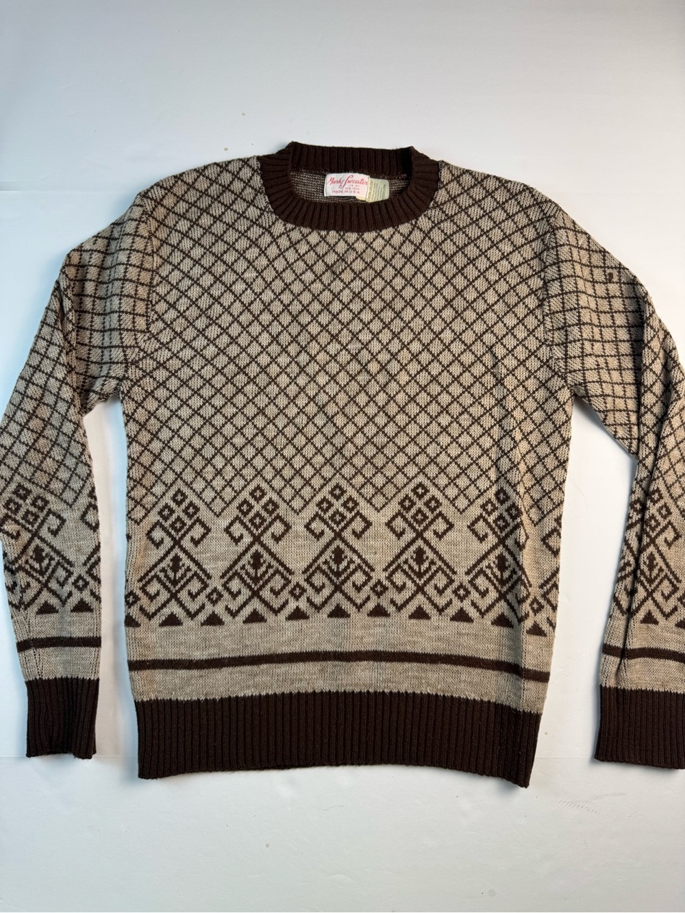 Vintage Men's Crewneck Geometric Knit Sweater - Brown/Cream